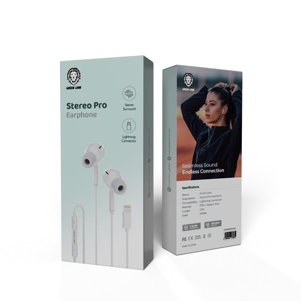 Green Lion Stereo Pro Earphone with Lightning Connector - White