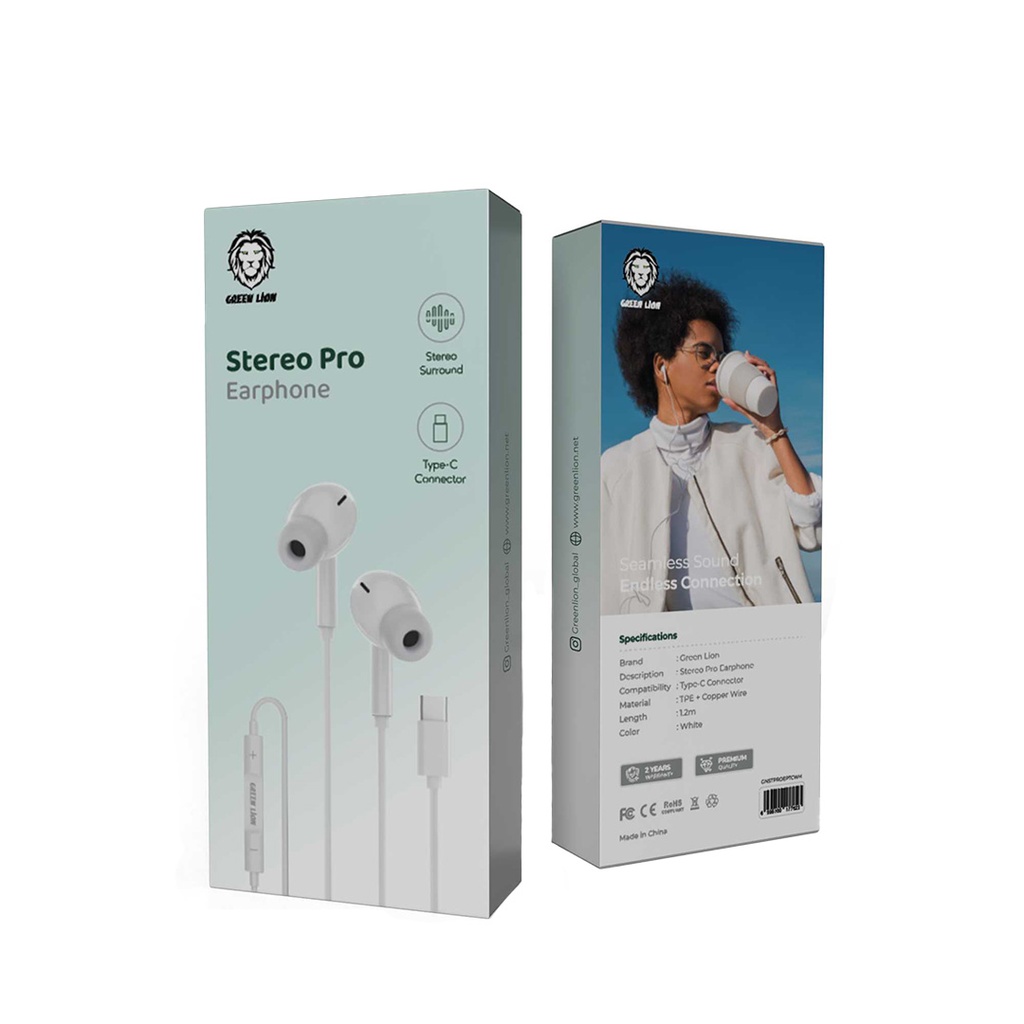 Green Lion Stereo Pro Earphone with Type-C Connector - White