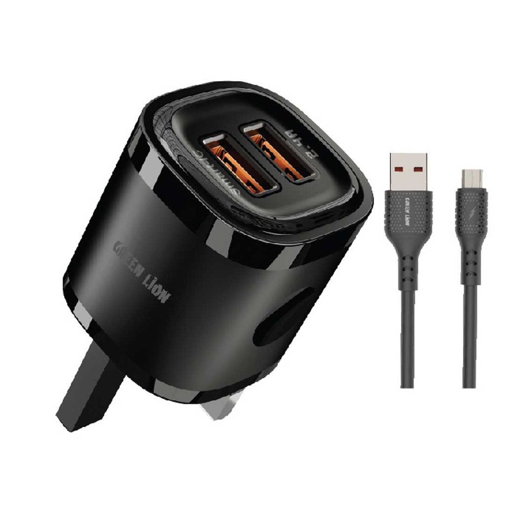 Green Lion 2USB 2.4A Fast Charging +USB Microdata cable 1m Black/Orange
