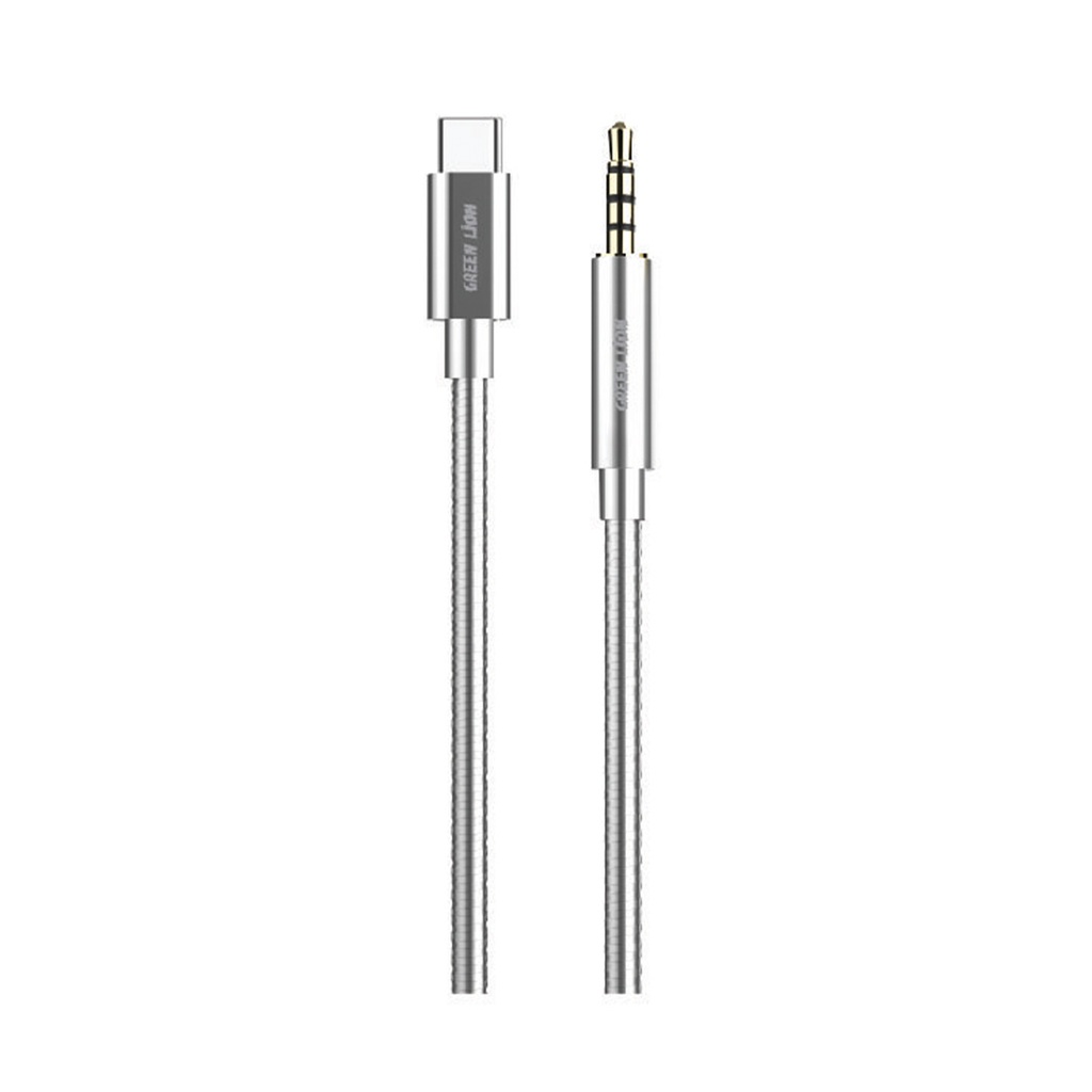 Green Lion Non-MFi USB-C to AUX 3.5mm Stainless Steel Plating Cable 90cm- Silver