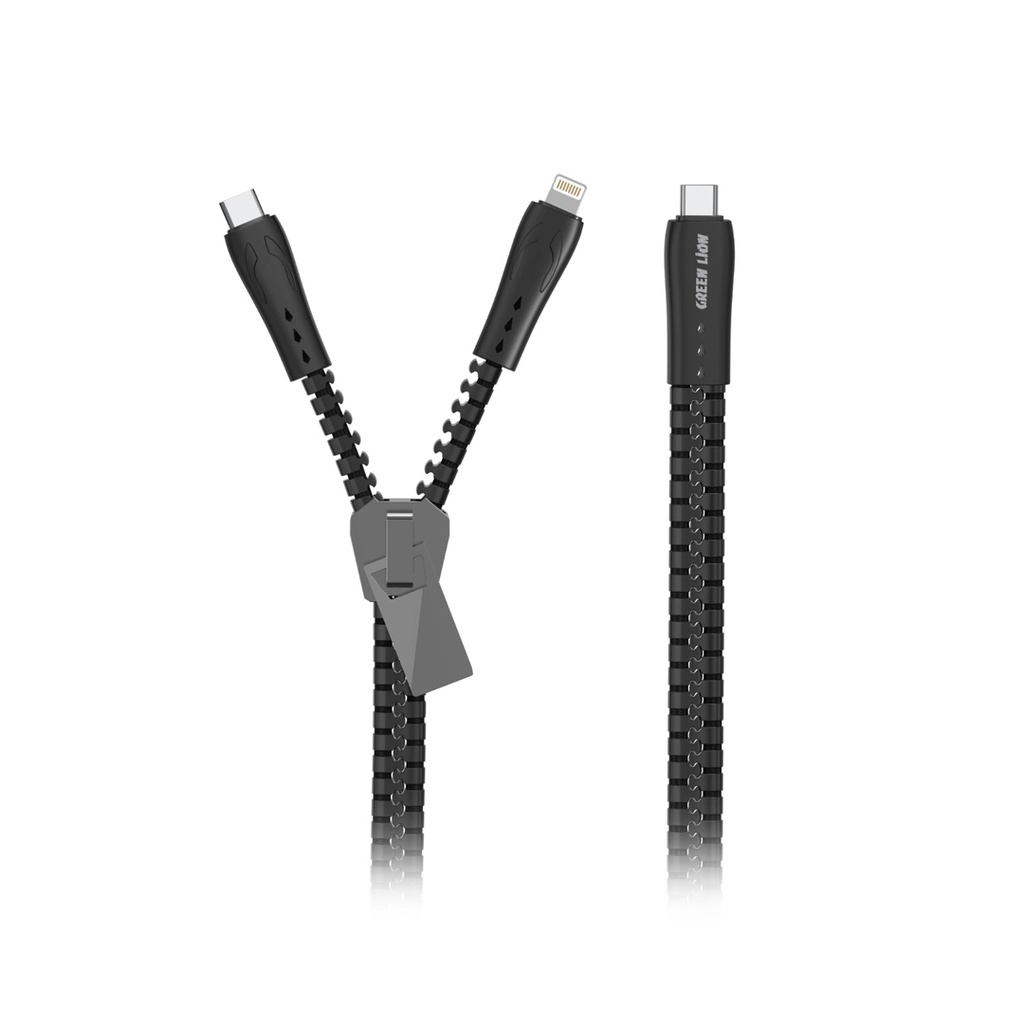 Green Lion 2 in 1 Zipper Cable ( Type-C to Lightning Type-C ) 85CM - Black