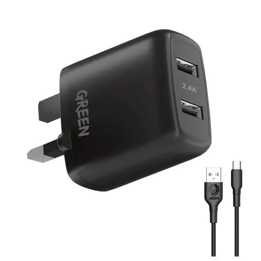 [GNC24ATYCBK] Dual USB Port Wall Charger 12W UK with PVC Type-C Cable 1.2M