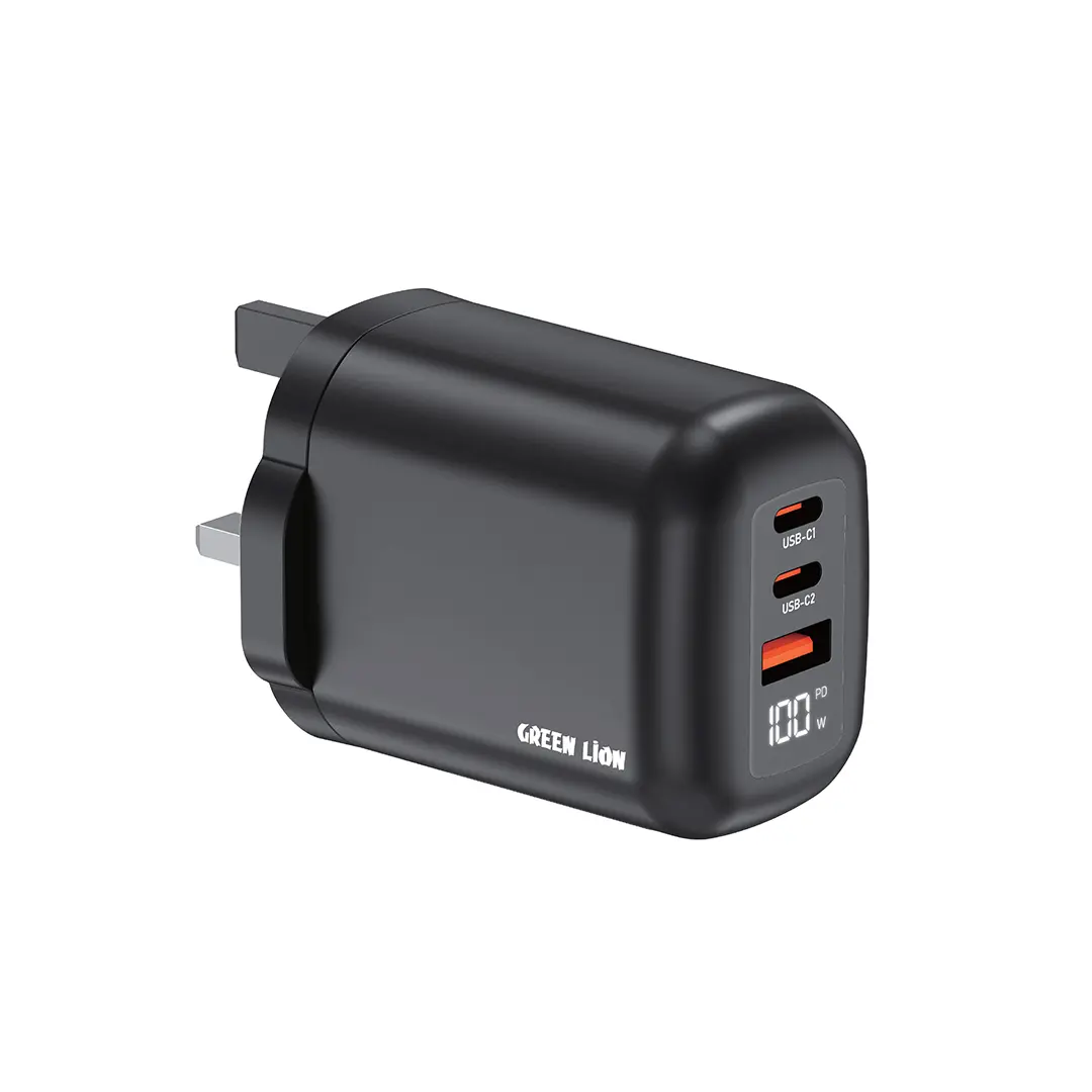 Green Lion Q-Series UK Plug 2 USB-C & USB-A Charger - Black