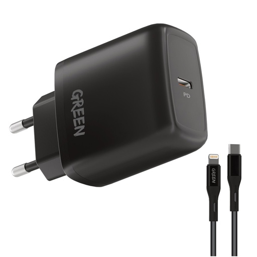 [GN20EUCLBK] Green Type-C Port Wall Charger 20W EU with PVC Type-C to Lightning Cable 1.2M - Black