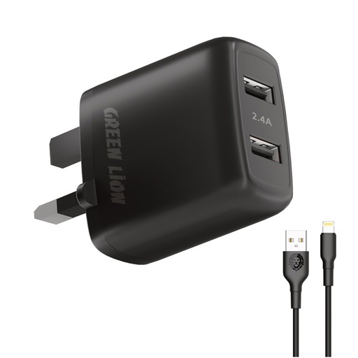 [GNC24AIP6BK] Green Dual USB Port Wall Charger 12W UK with PVC Lightning Cable 1.2M - Black