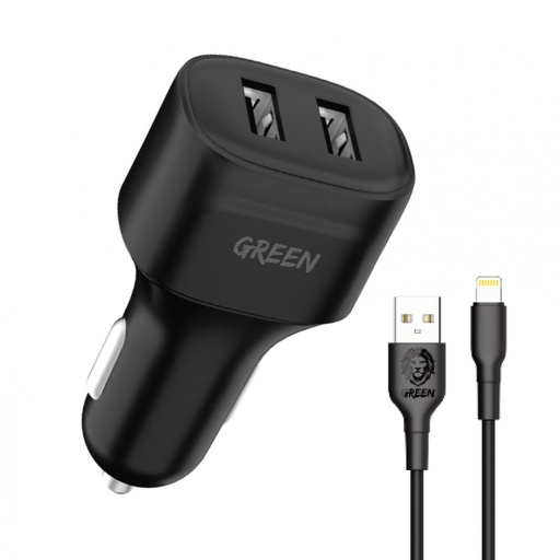 [GNCC24IP6BK] Green Dual Port Car Charger 12W with PVC Lightning Cable 1.2M - Black