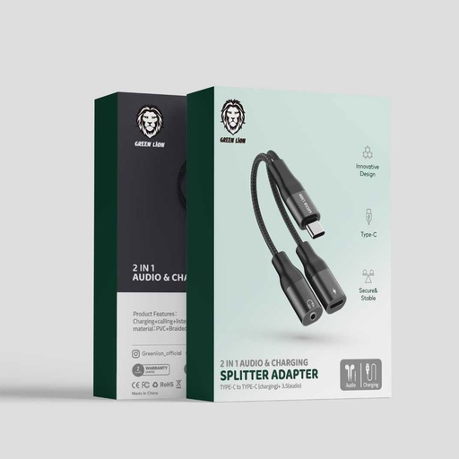 [GN2ADCHCTAXBK] Green Lion 2 in 1 Splitter Adapter ( Type-C to Type-C(Charging) + 3.5MM(Audio)-Black