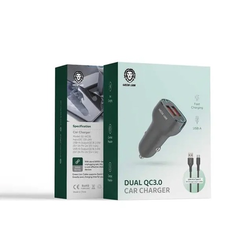 [GNCCDLQCALBK] Green Lion Car Charger QC 18w+QC 18w Total 36w USB-lPH cable 1m Black/Orange