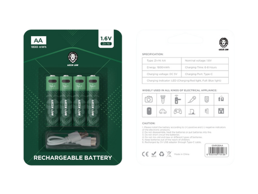 [GNRGBAA] Green Lion Rechargeable Battery AA 1.6V Alkaline Battery